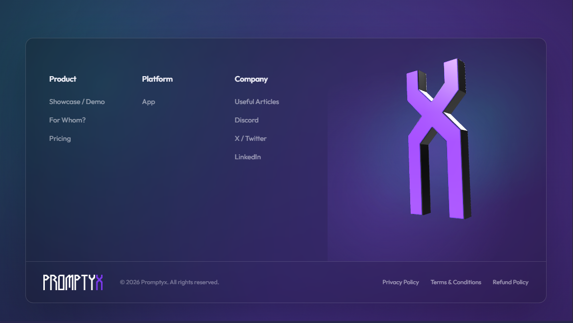 Promptyx footer with 3D branding