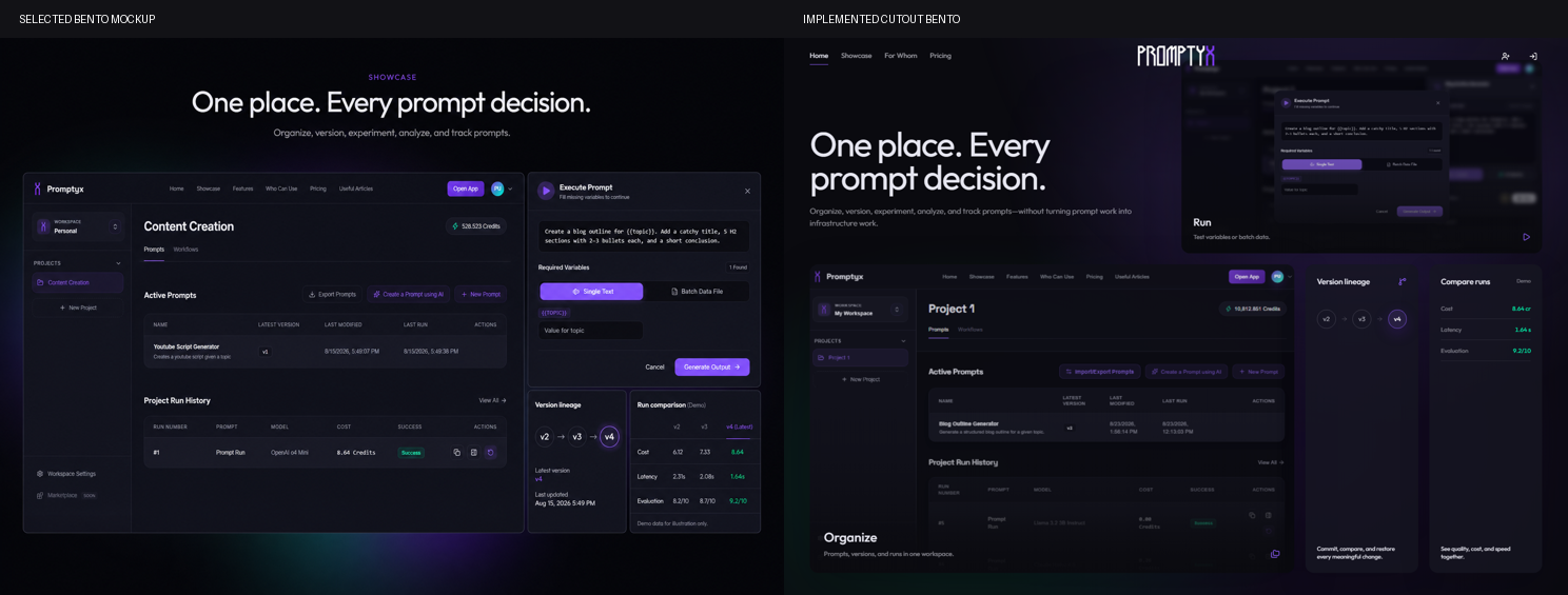 Selected Showcase mockup beside the implemented bento layout