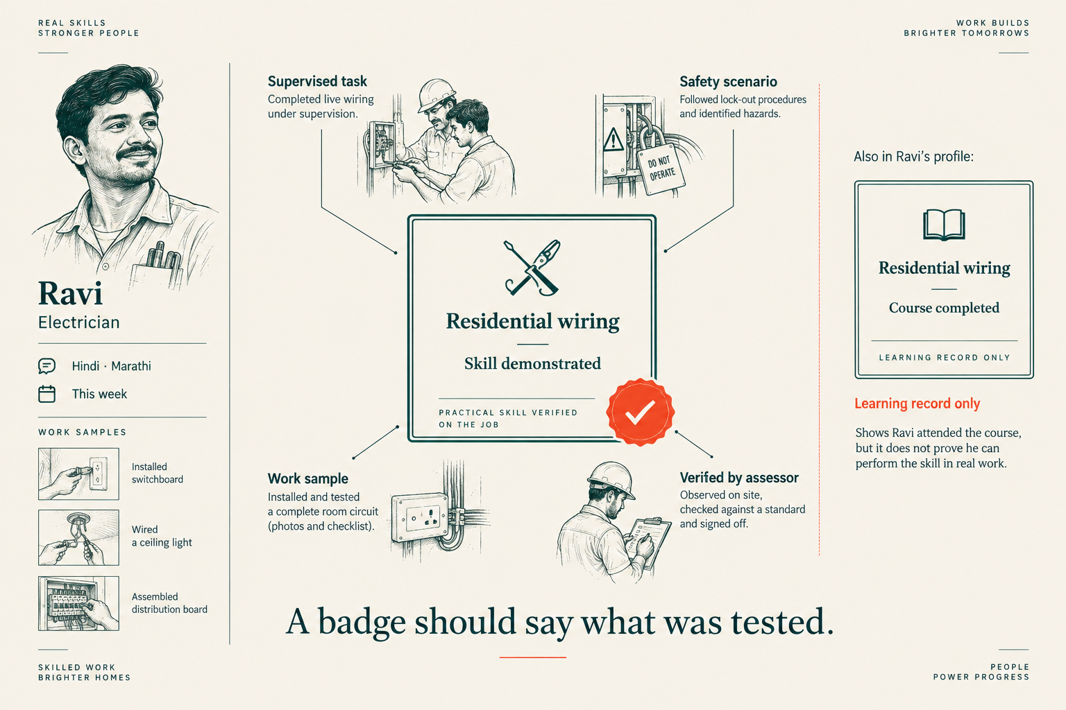 Ravi's electrician profile and a residential-wiring badge connected to evidence from a supervised task, safety scenario, work sample, and assessor.