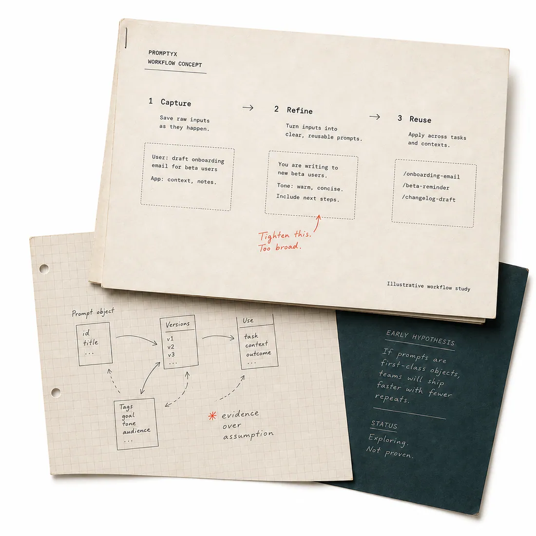 Layered workflow study: Capture, Refine, Reuse, with handwritten revisions.