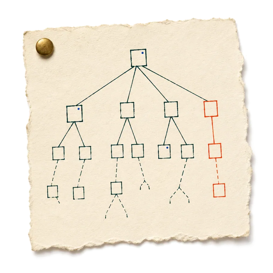 A pinned paper specimen showing branching agent reasoning paths.