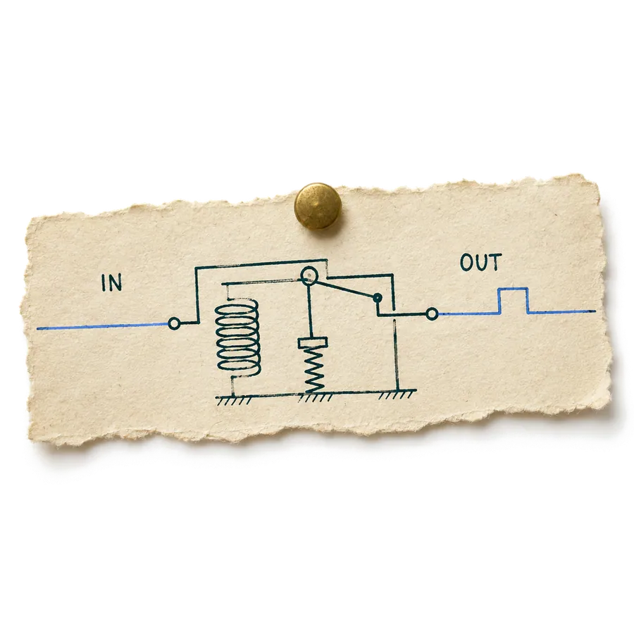 A paper specimen showing an automation relay from input to output.