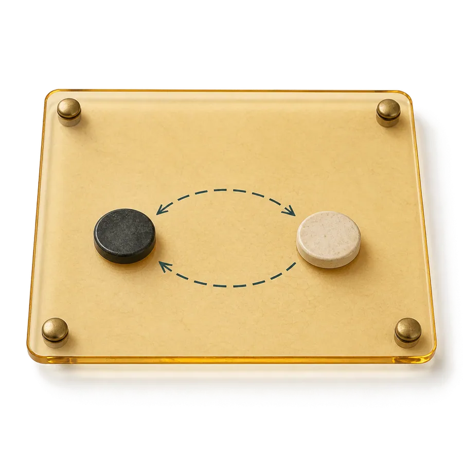 An amber inspection plate with two strategy tokens and reciprocal arrows.