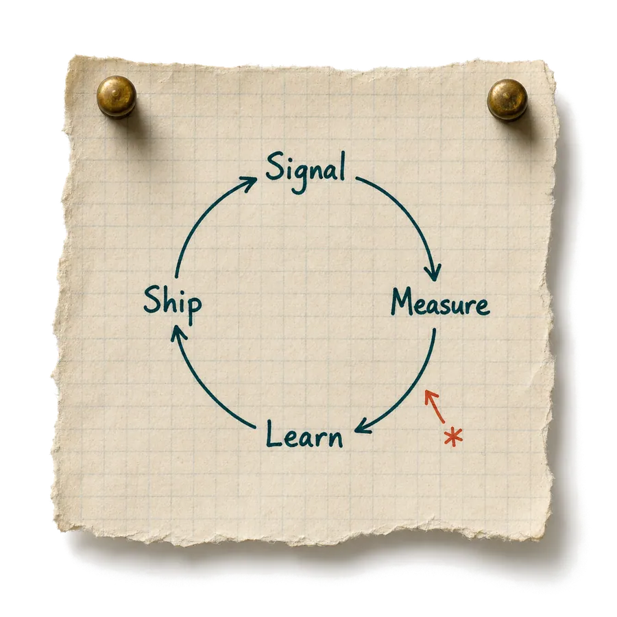 A pinned graph-paper specimen showing a product feedback loop.